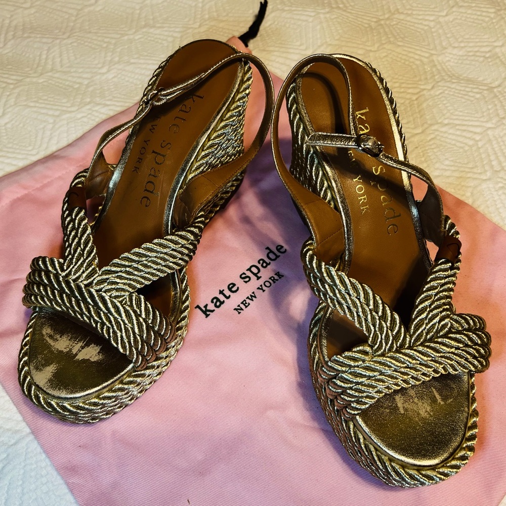 Kate Spade Gold Rope / Leather Wedge Sandals - Size 8.5